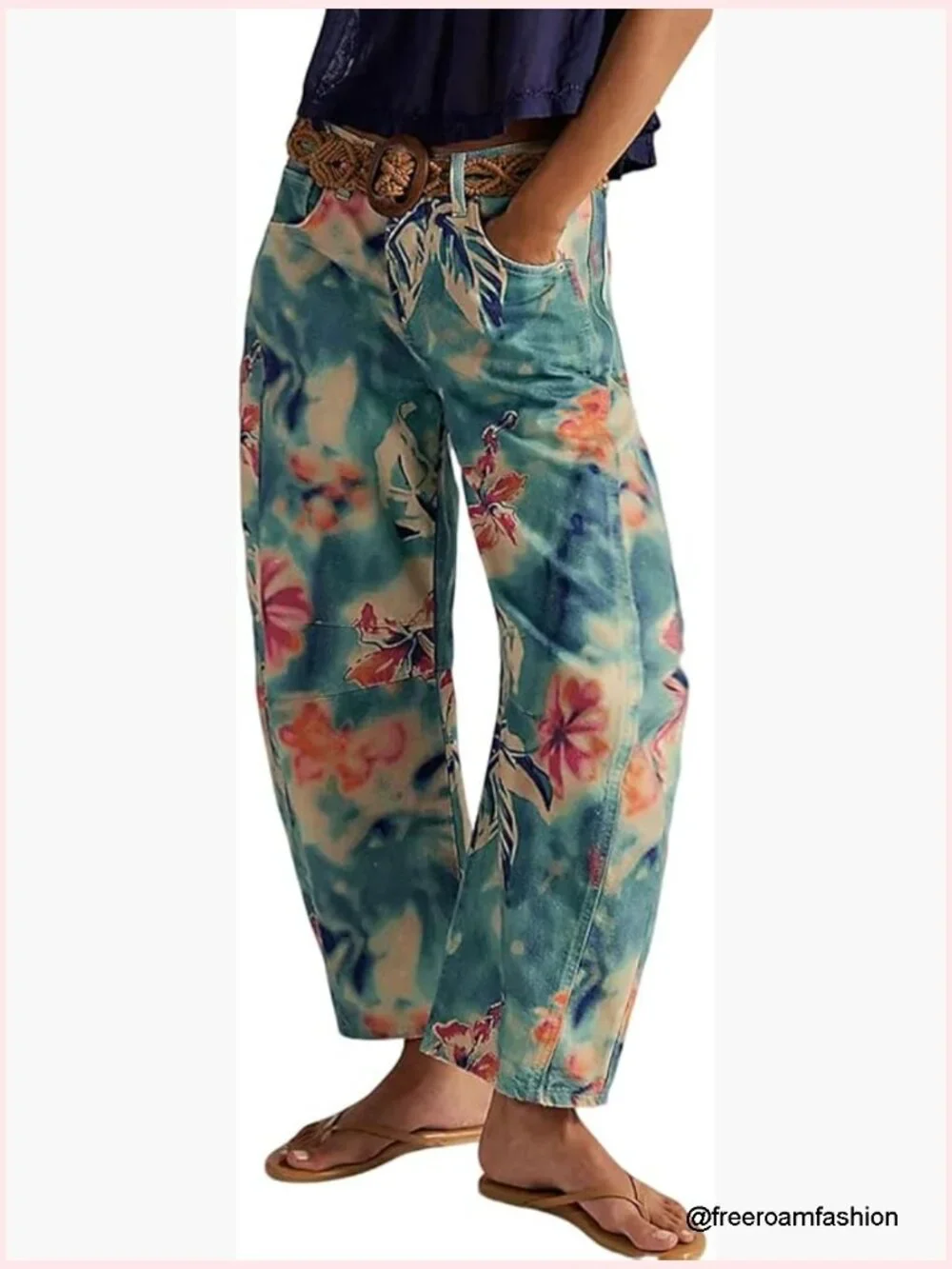 Women Boyfriend Baggy Barrel Jeans Floral Print Denim Ankle Pants Wide Leg Mid - Picture 1 of 7